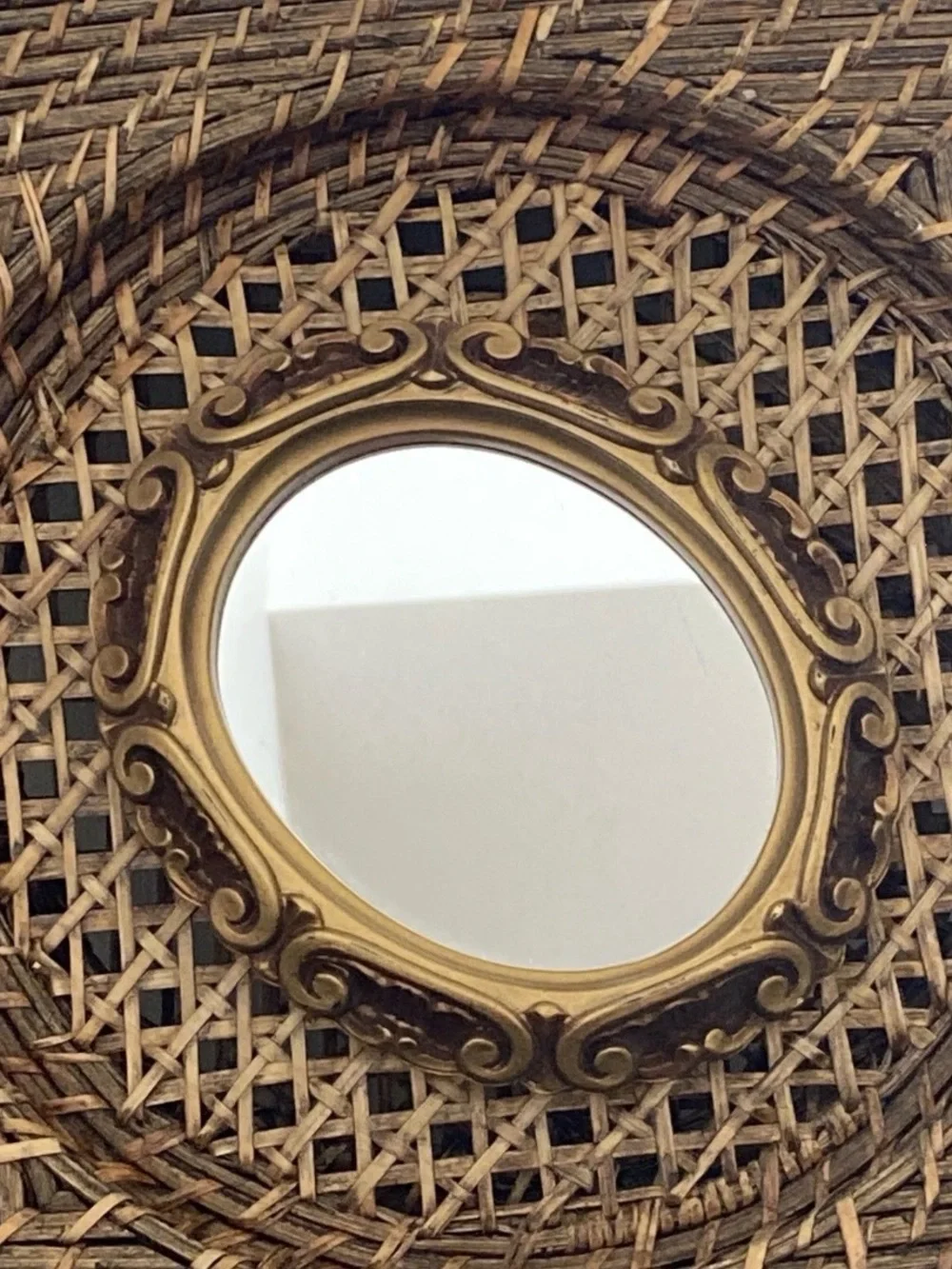Woven Rattan Wall Mirror with Gold Accent Frame - Brown 14”X14”